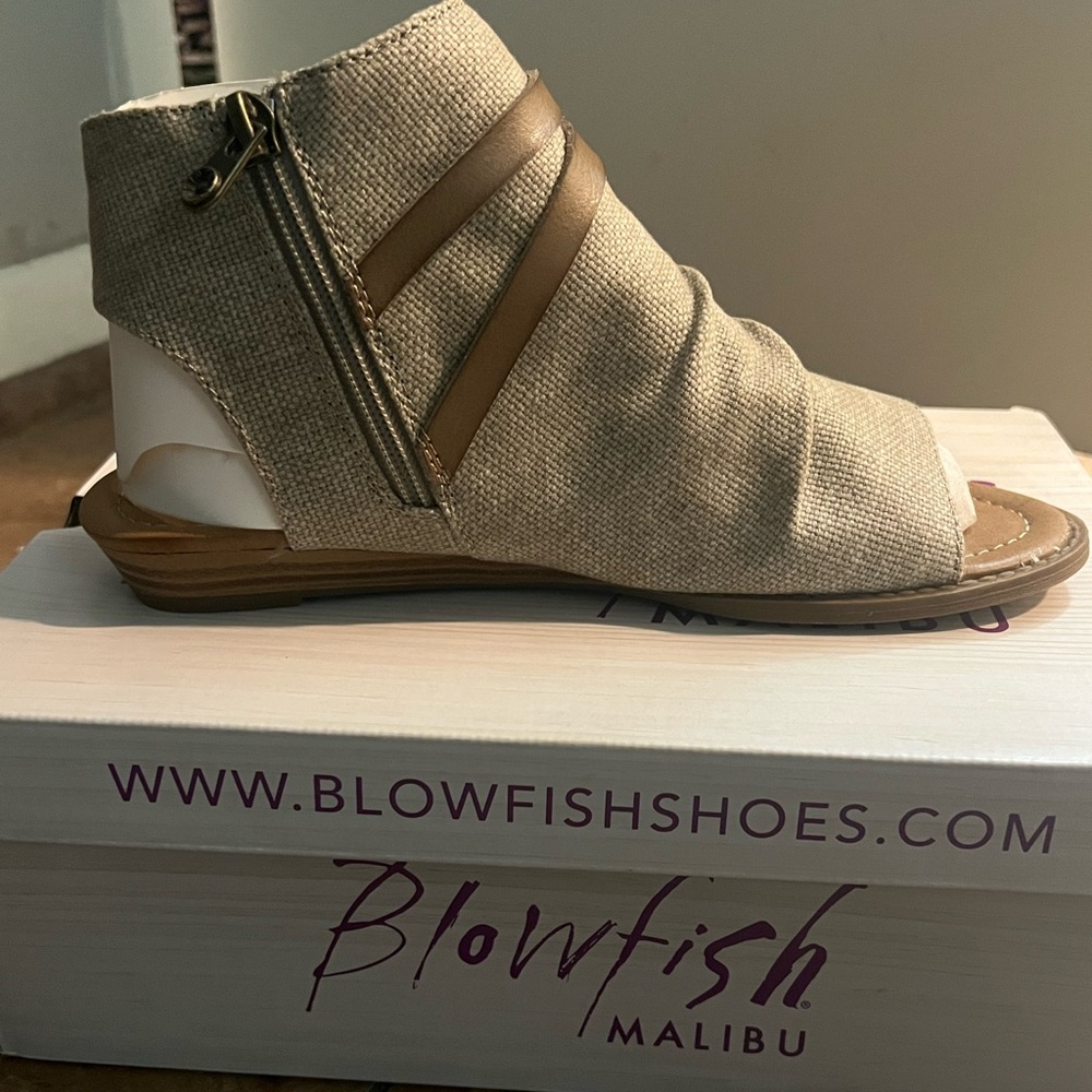 Blowfish Tan Sandals with Open Toe and Side Zipper (7.5)
